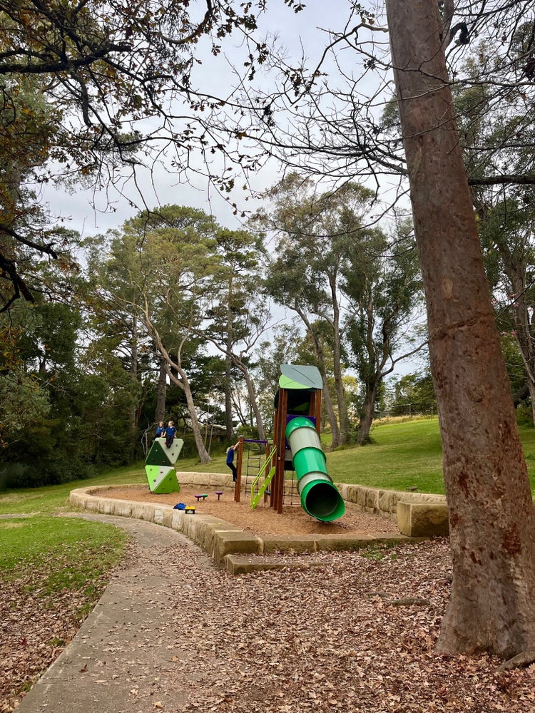 Play equipement, including a slide, set in a bushy surrounding